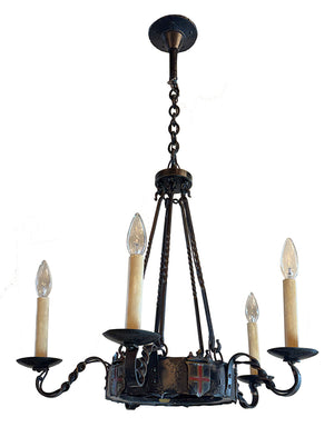 SET OF 3 - Antique 1920 Tudor Revival Wrought Iron Five Light Chandeliders with Original Poly Chrome Finish