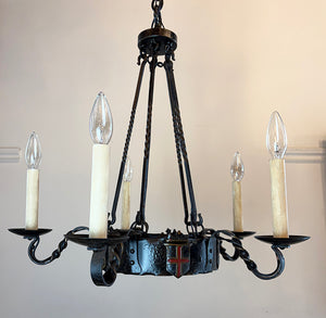 SET OF 3 - Antique 1920 Tudor Revival Wrought Iron Five Light Chandeliders with Original Poly Chrome Finish