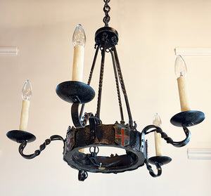 SET OF 3 - Antique 1920 Tudor Revival Wrought Iron Five Light Chandeliders with Original Poly Chrome Finish