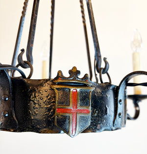 SET OF 3 - Antique 1920 Tudor Revival Wrought Iron Five Light Chandeliders with Original Poly Chrome Finish