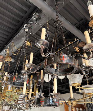 SET OF 3 - Antique 1920 Tudor Revival Wrought Iron Five Light Chandeliders with Original Poly Chrome Finish