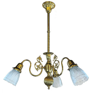 Antique Circa 1890-1900 Late Victorian Early Electric Three Light Fixture with Original Cut Glass Shades