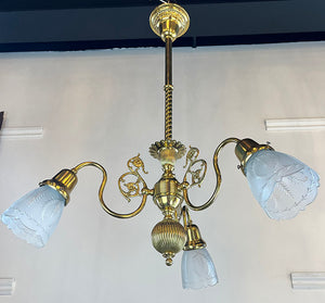 Antique Circa 1890-1900 Late Victorian Early Electric Three Light Fixture with Original Cut Glass Shades