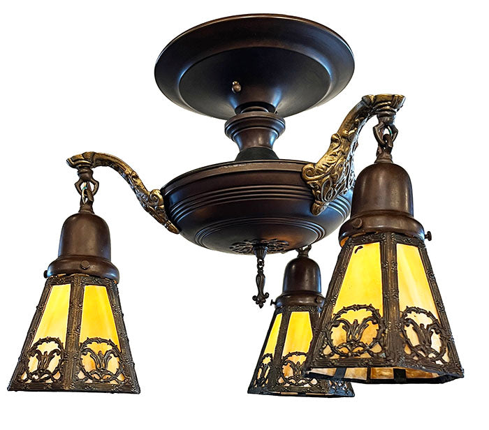 Antique Circa 1920 Three Light Pan with Brass and Bronze Finish and Original Six Sided Slag Glass Shades