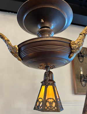 Antique Circa 1920 Three Light Pan with Brass and Bronze Finish and Original Six Sided Slag Glass Shades