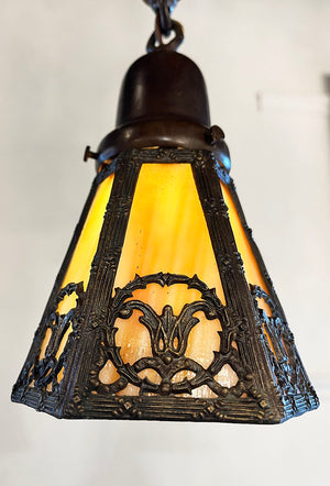 Antique Circa 1920 Three Light Pan with Brass and Bronze Finish and Original Six Sided Slag Glass Shades