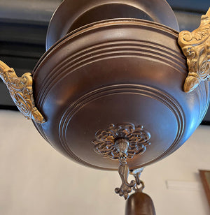 Antique Circa 1920 Three Light Pan with Brass and Bronze Finish and Original Six Sided Slag Glass Shades