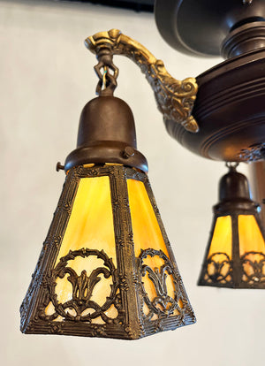 Antique Circa 1920 Three Light Pan with Brass and Bronze Finish and Original Six Sided Slag Glass Shades
