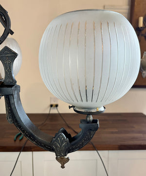 Antique Late 1860s Early 1870s Renaissance  Revival Converted Gas Three Light Chandelier with Period Antique 2 5/8" Wheel Cut Shades
