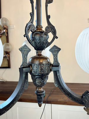 Antique Late 1860s Early 1870s Renaissance  Revival Converted Gas Three Light Chandelier with Period Antique 2 5/8" Wheel Cut Shades