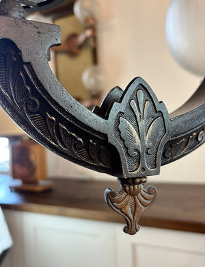 Antique Late 1860s Early 1870s Renaissance  Revival Converted Gas Three Light Chandelier with Period Antique 2 5/8" Wheel Cut Shades