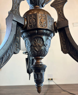 Antique Late 1860s Early 1870s Renaissance  Revival Converted Gas Three Light Chandelier with Period Antique 2 5/8" Wheel Cut Shades