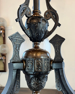 Antique Late 1860s Early 1870s Renaissance  Revival Converted Gas Three Light Chandelier with Period Antique 2 5/8" Wheel Cut Shades