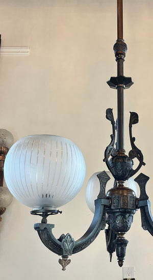 Antique Late 1860s Early 1870s Renaissance  Revival Converted Gas Three Light Chandelier with Period Antique 2 5/8" Wheel Cut Shades