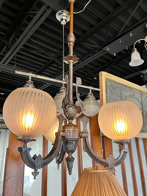 Antique Late 1860s Early 1870s Renaissance  Revival Converted Gas Three Light Chandelier with Period Antique 2 5/8" Wheel Cut Shades