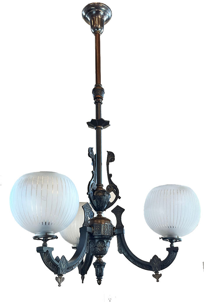 Antique Late 1860s Early 1870s Renaissance  Revival Converted Gas Three Light Chandelier with Period Antique 2 5/8" Wheel Cut Shades