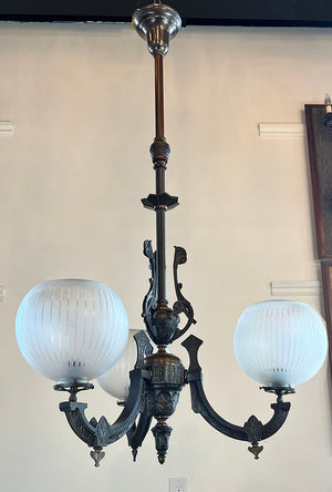 Antique Late 1860s Early 1870s Renaissance  Revival Converted Gas Three Light Chandelier with Period Antique 2 5/8" Wheel Cut Shades