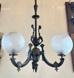 Antique Late 1860s Early 1870s Renaissance  Revival Converted Gas Three Light Chandelier with Period Antique 2 5/8" Wheel Cut Shades