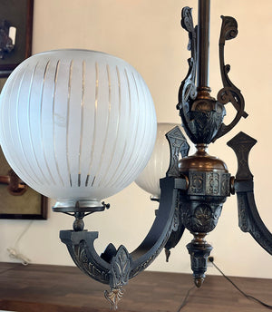 Antique Late 1860s Early 1870s Renaissance  Revival Converted Gas Three Light Chandelier with Period Antique 2 5/8" Wheel Cut Shades