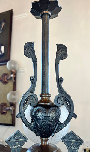 Antique Late 1860s Early 1870s Renaissance  Revival Converted Gas Three Light Chandelier with Period Antique 2 5/8" Wheel Cut Shades