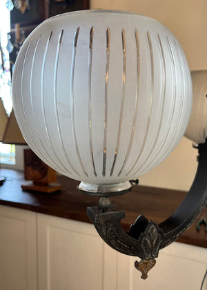 Antique Late 1860s Early 1870s Renaissance  Revival Converted Gas Three Light Chandelier with Period Antique 2 5/8" Wheel Cut Shades