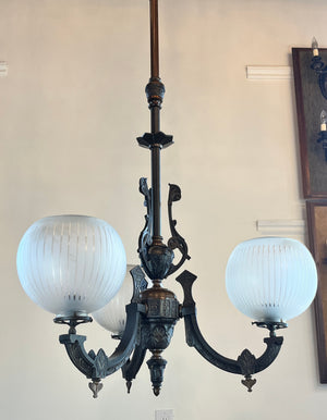 Antique Late 1860s Early 1870s Renaissance  Revival Converted Gas Three Light Chandelier with Period Antique 2 5/8" Wheel Cut Shades
