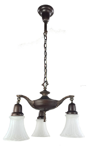 Antique Circa 1920 Three Light Pan Fixture with Ringed Center Body and Cast Acanthus Arms