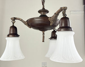 Antique Circa 1920 Three Light Pan Fixture with Ringed Center Body and Cast Acanthus Arms