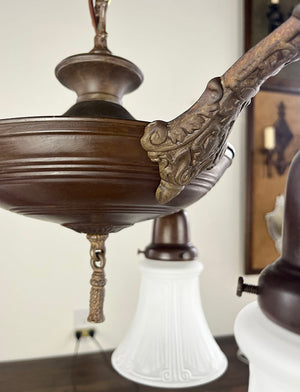 Antique Circa 1920 Three Light Pan Fixture with Ringed Center Body and Cast Acanthus Arms