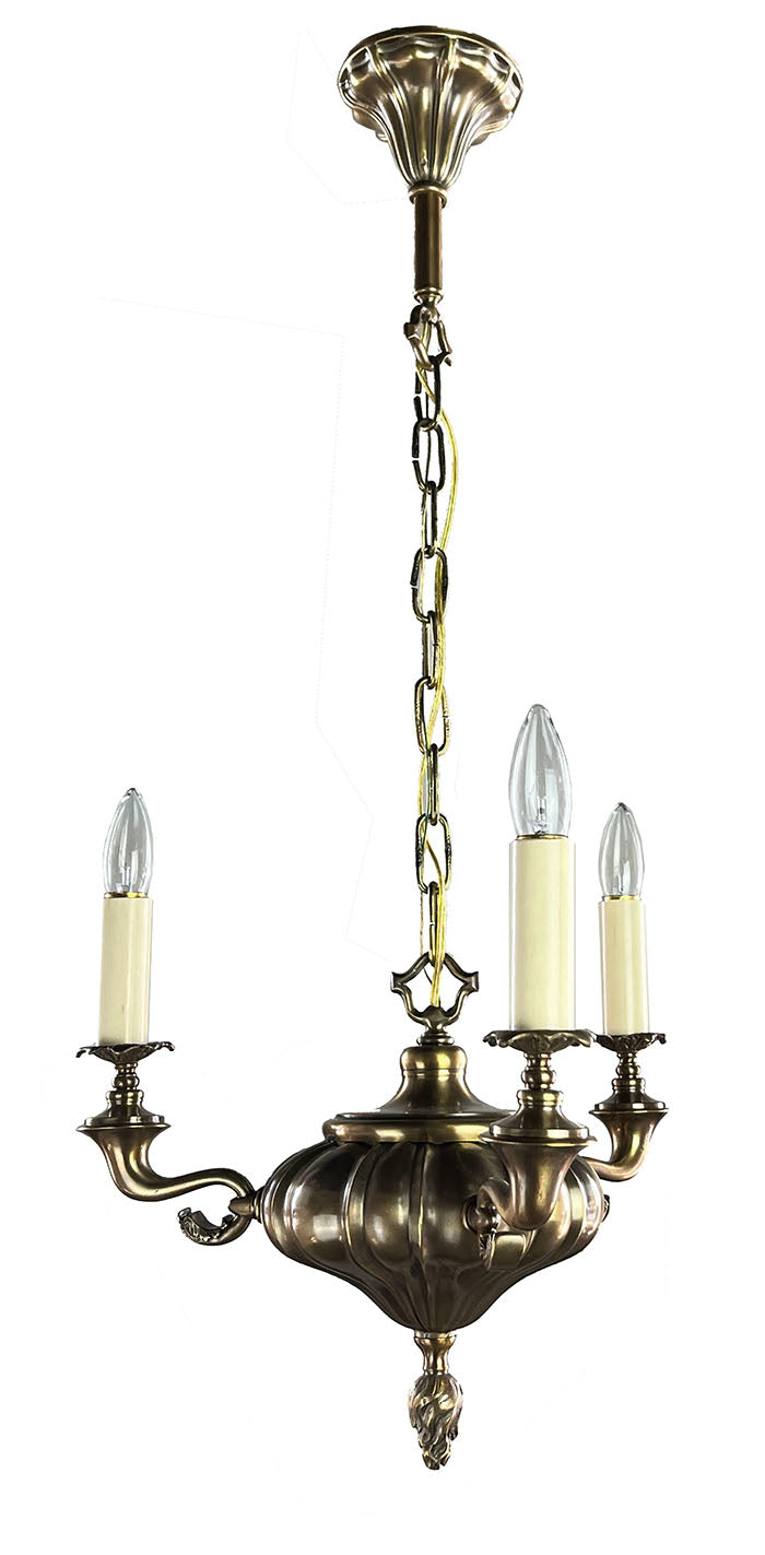 Antique Circa 1910 Three Light Embossed Sheffield Fixture with Cast Scroll Arms