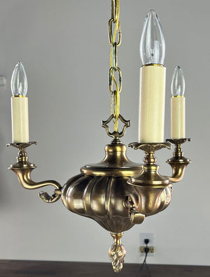 Antique Circa 1910 Three Light Embossed Sheffield Fixture with Cast Scroll Arms