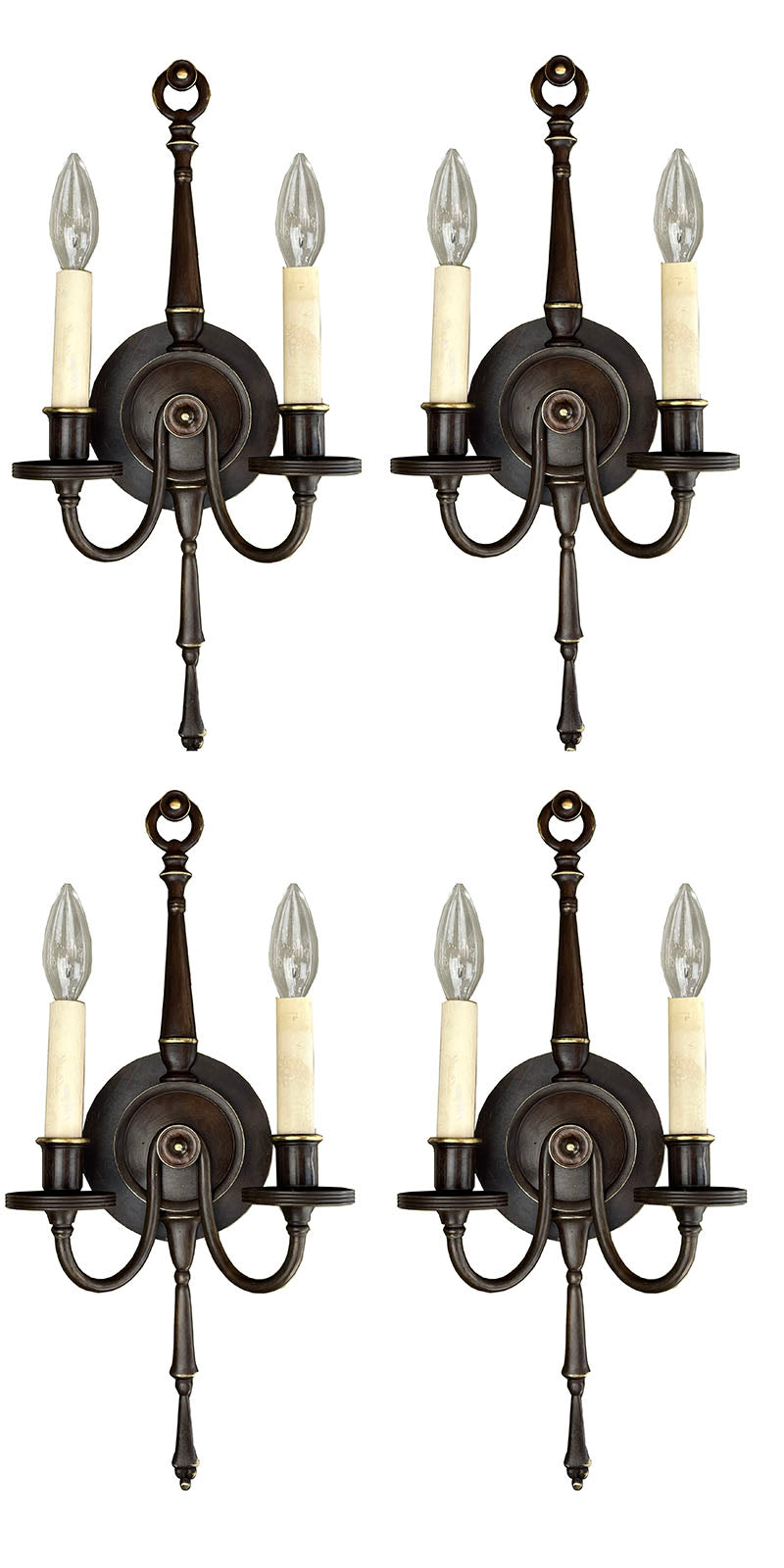 $950 PAIR - SET OF 4 AVAILABLE -  Antique Circa 1910 Georgian / Colonial Revival Elongated Double Light Wall Sconces