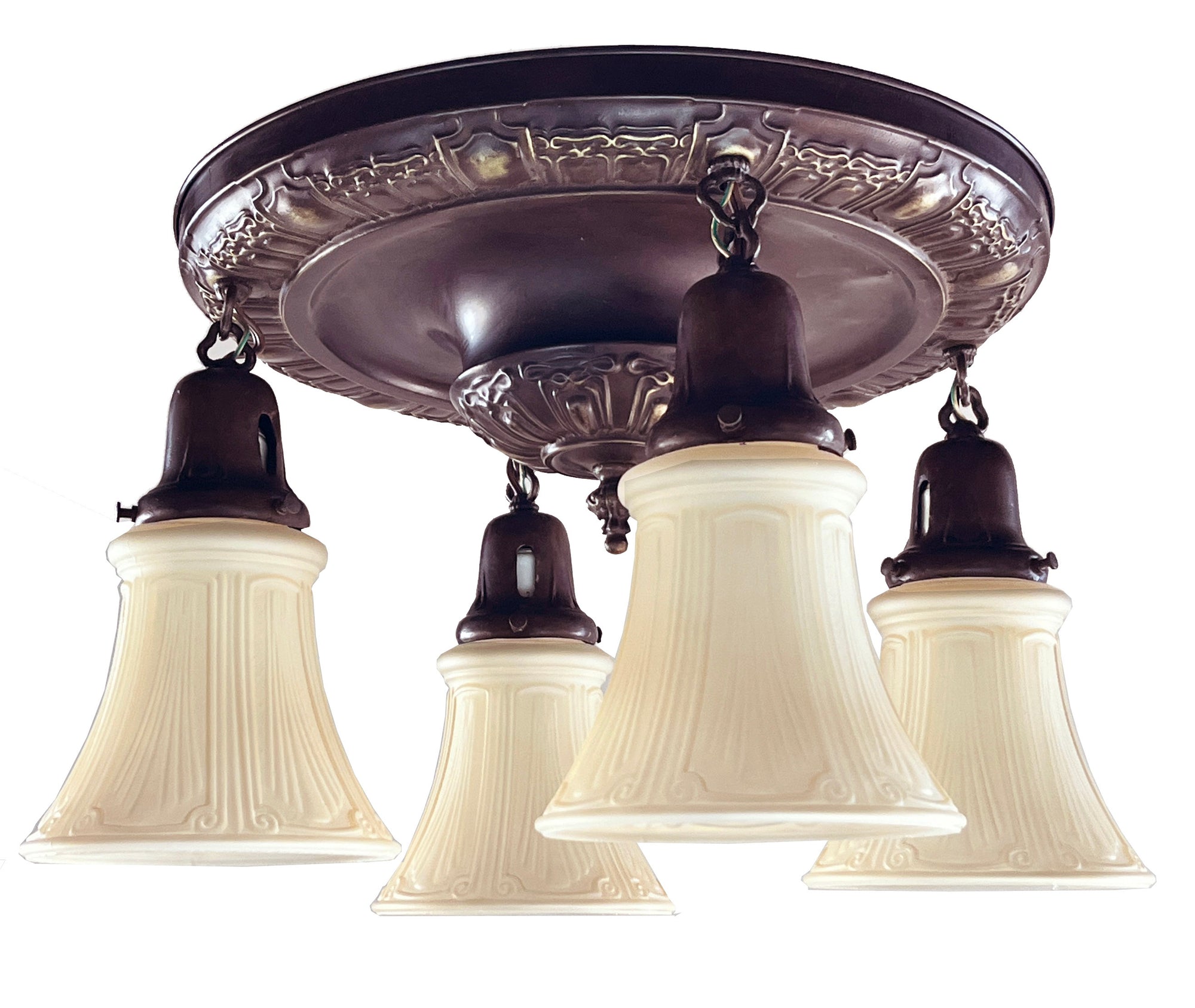 Antique Circa 1915 Four Light Embossed Art Nouveau Patterned Flush Mount