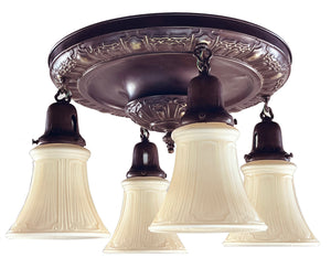 Antique Circa 1915 Four Light Embossed Art Nouveau Patterned Flush Mount