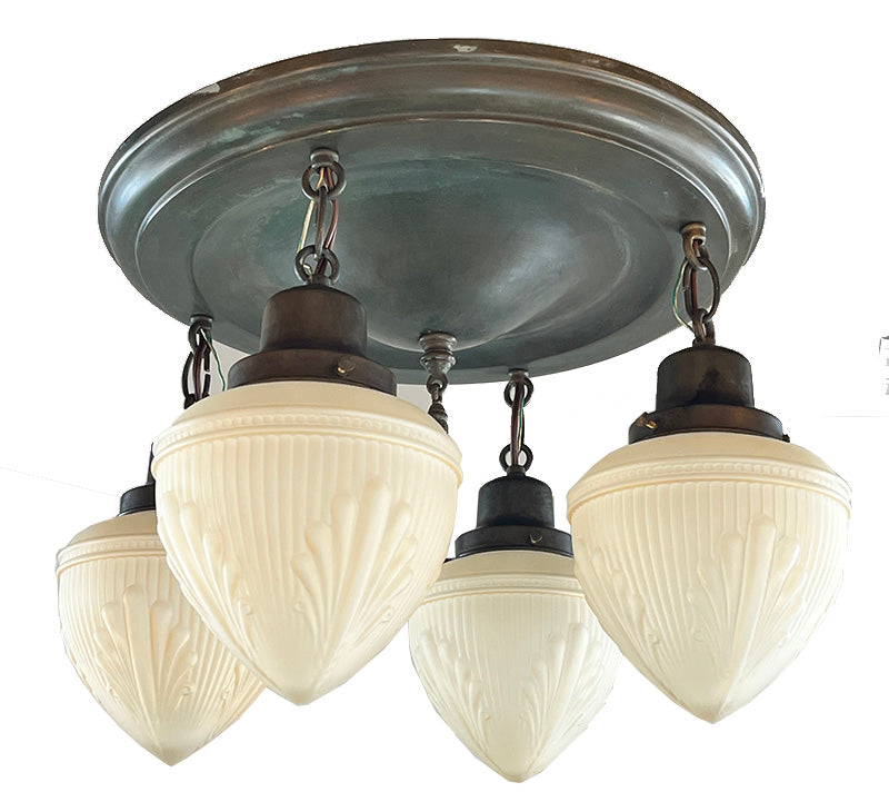Antique Circa 1920 Four Light Flush Mount with Enclosed Champagne Acanthus Shades