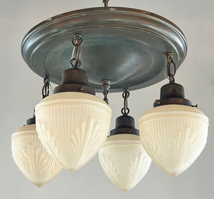 Antique Circa 1920 Four Light Flush Mount with Enclosed Champagne Acanthus Shades