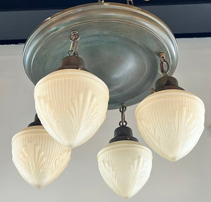 Antique Circa 1920 Four Light Flush Mount with Enclosed Champagne Acanthus Shades