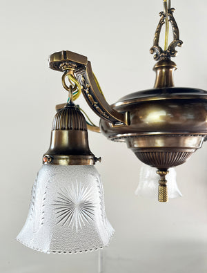 Antique Circa 1915 Five Light Embossed Neo Classical Pan with Original Pressed Glass Star Patterned Shades
