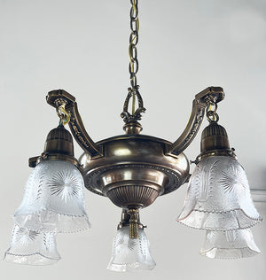 Antique Circa 1915 Five Light Embossed Neo Classical Pan with Original Pressed Glass Star Patterned Shades