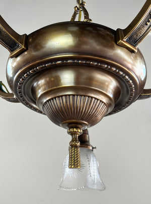 Antique Circa 1915 Five Light Embossed Neo Classical Pan with Original Pressed Glass Star Patterned Shades