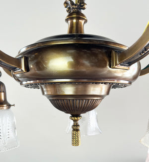 Antique Circa 1915 Five Light Embossed Neo Classical Pan with Original Pressed Glass Star Patterned Shades