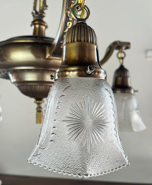Antique Circa 1915 Five Light Embossed Neo Classical Pan with Original Pressed Glass Star Patterned Shades
