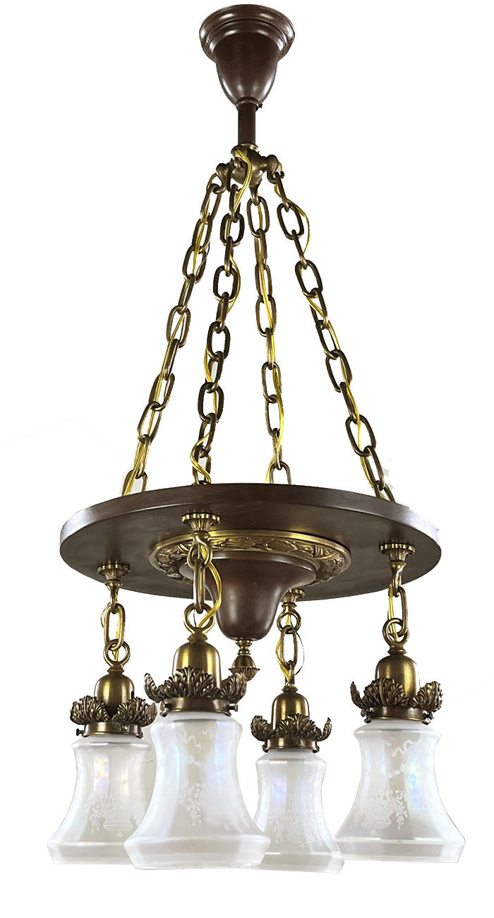 Antique Circa 1905-1910 Edwardian Four Light Chain Suspended Chandelier with Cast Wreath and Acanthus Details and Original Antique Acid Etched Iridescent Shades
