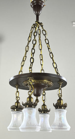 Antique Circa 1905-1910 Edwardian Four Light Chain Suspended Chandelier with Cast Wreath and Acanthus Details and Original Antique Acid Etched Iridescent Shades
