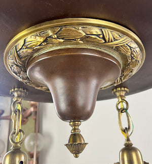 Antique Circa 1905-1910 Edwardian Four Light Chain Suspended Chandelier with Cast Wreath and Acanthus Details and Original Antique Acid Etched Iridescent Shades