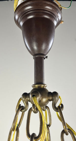 Antique Circa 1905-1910 Edwardian Four Light Chain Suspended Chandelier with Cast Wreath and Acanthus Details and Original Antique Acid Etched Iridescent Shades
