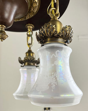Antique Circa 1905-1910 Edwardian Four Light Chain Suspended Chandelier with Cast Wreath and Acanthus Details and Original Antique Acid Etched Iridescent Shades
