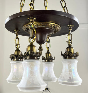 Antique Circa 1905-1910 Edwardian Four Light Chain Suspended Chandelier with Cast Wreath and Acanthus Details and Original Antique Acid Etched Iridescent Shades