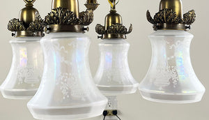 Antique Circa 1905-1910 Edwardian Four Light Chain Suspended Chandelier with Cast Wreath and Acanthus Details and Original Antique Acid Etched Iridescent Shades