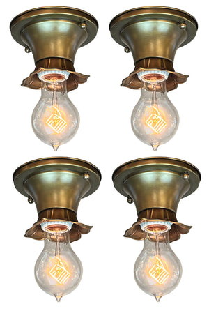 $800 SET OF 4 - Antique Circa 1910-20s Early Electric Embossed Floral Edison Bulb Flush Mount